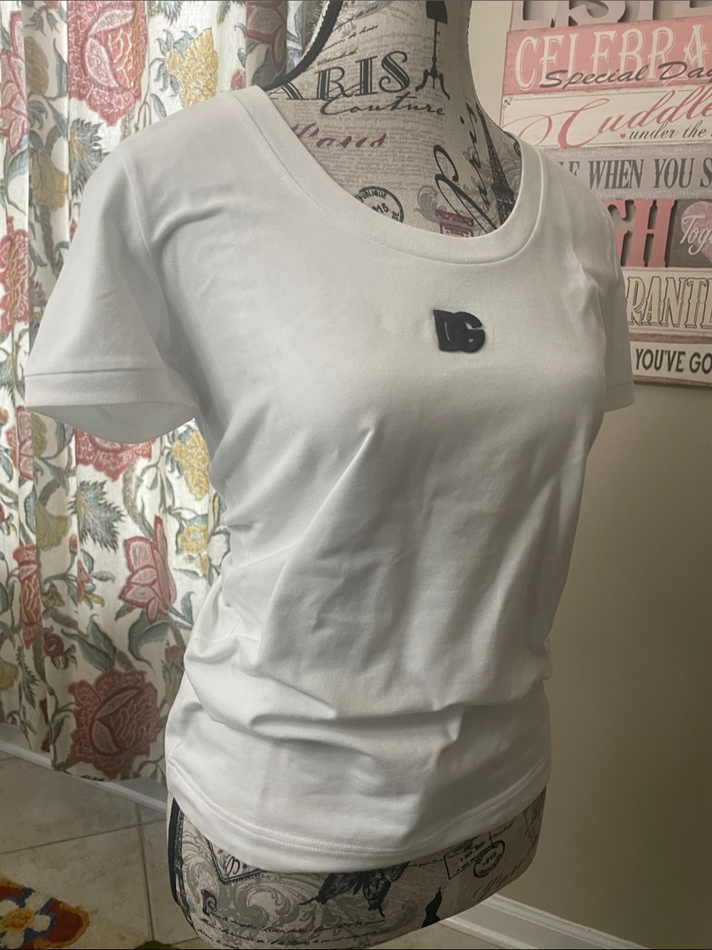White Short-Sleeve Women's Tee with Small Chest Logo